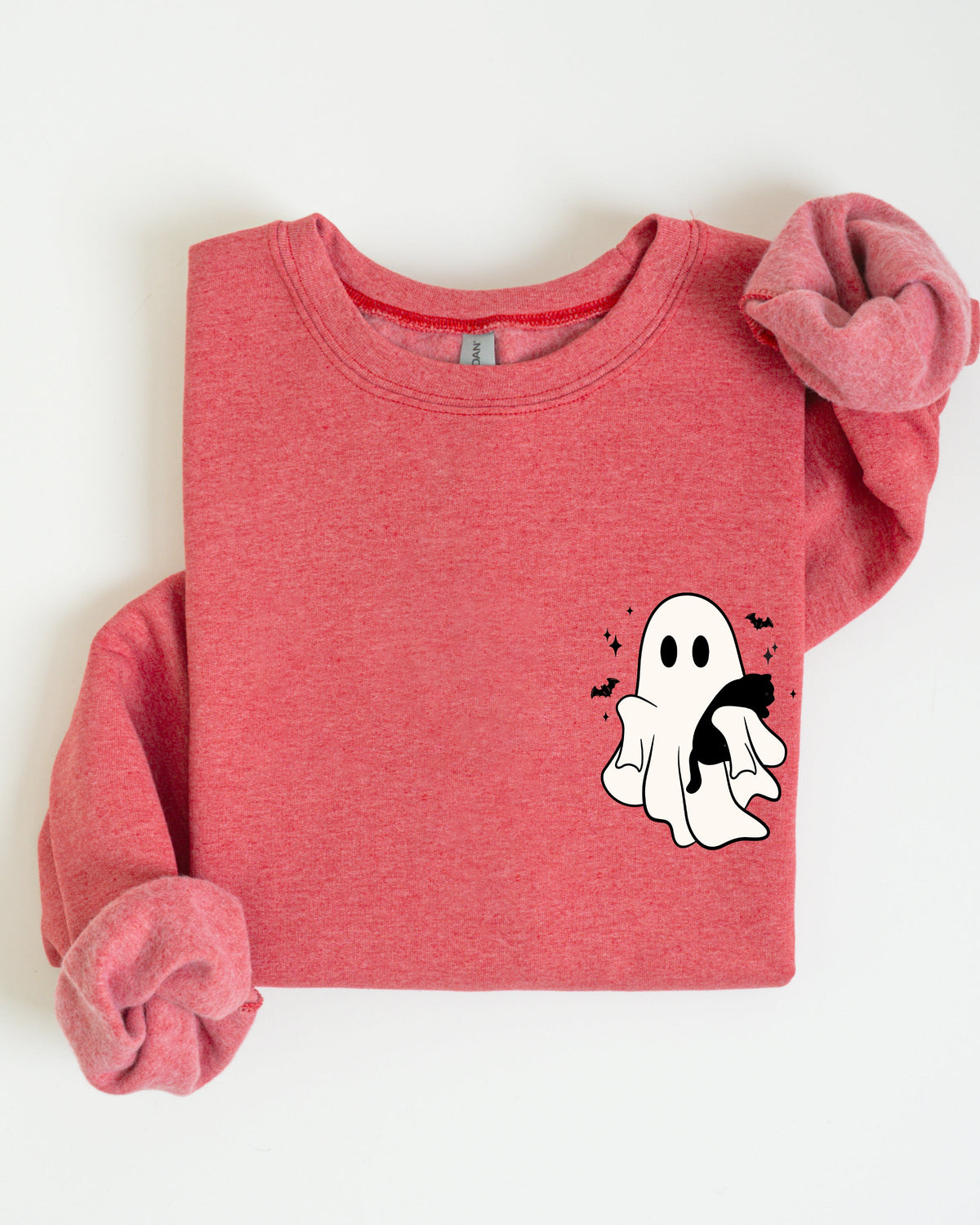 Cute Ghost With Cat Halloween Black Cat Witch Pocket Print Graphic Cozy Sweatshirt