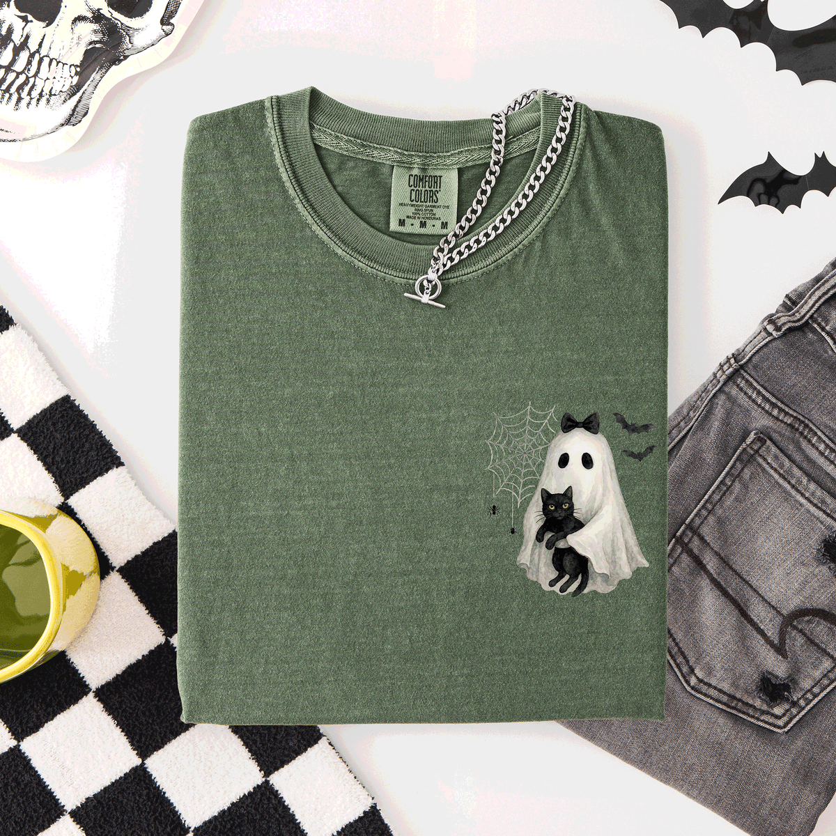 Cute Ghost Black Cat Halloween Coquette Pocket Edition Design Comfort Colors Tee
