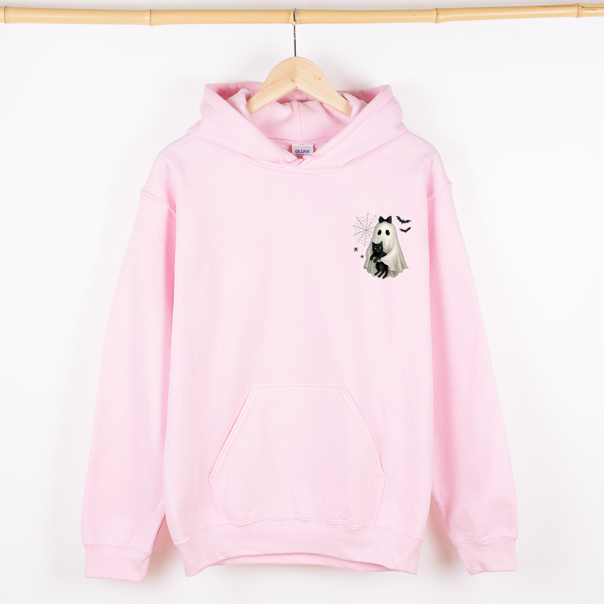 Cute Ghost And Black Cat Halloween Coquette Retro Jack-O-Lantern Whimsy Pocket Hoodie
