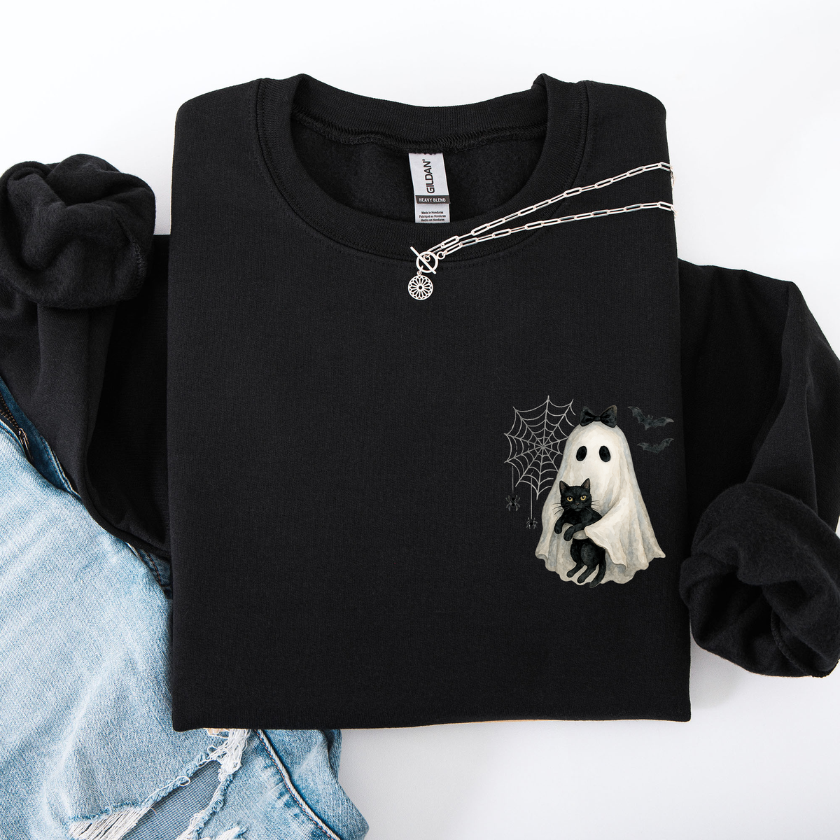 Cute Ghost, Black Cat, Halloween, Coquette Vintage Gothic Seasonal Pocket Sweatshirt