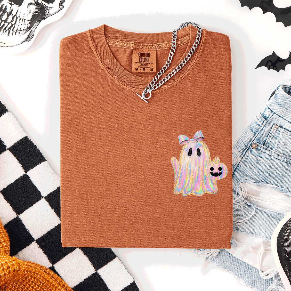 Cute Ghost Coquette Ribbon Faux Glitter Halloween Pocket Detail Comfort Colors Tee