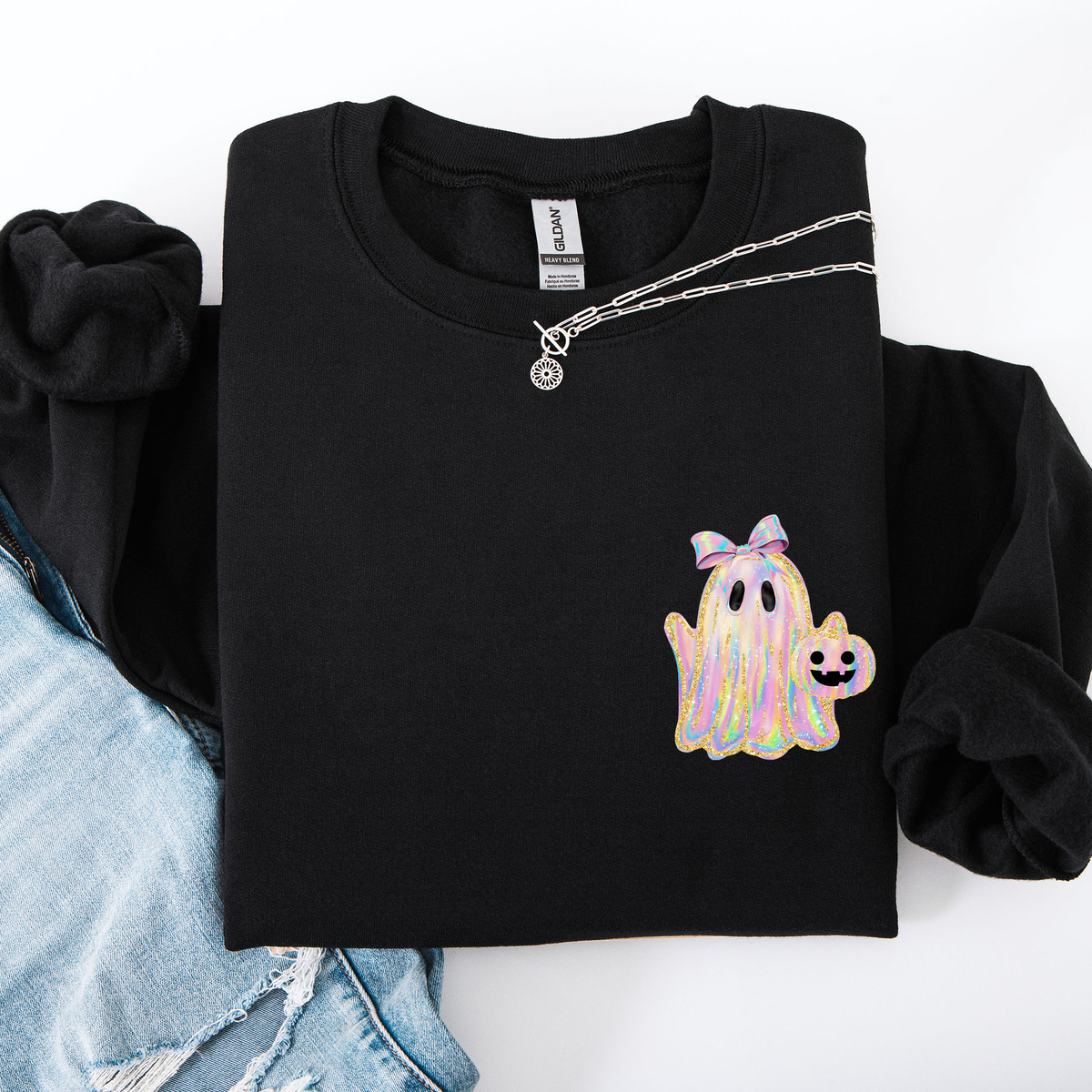Cute Ghost Coquette Ribbon Faux Glitter Halloween Vintage Velvet Pocket Sweatshirt
