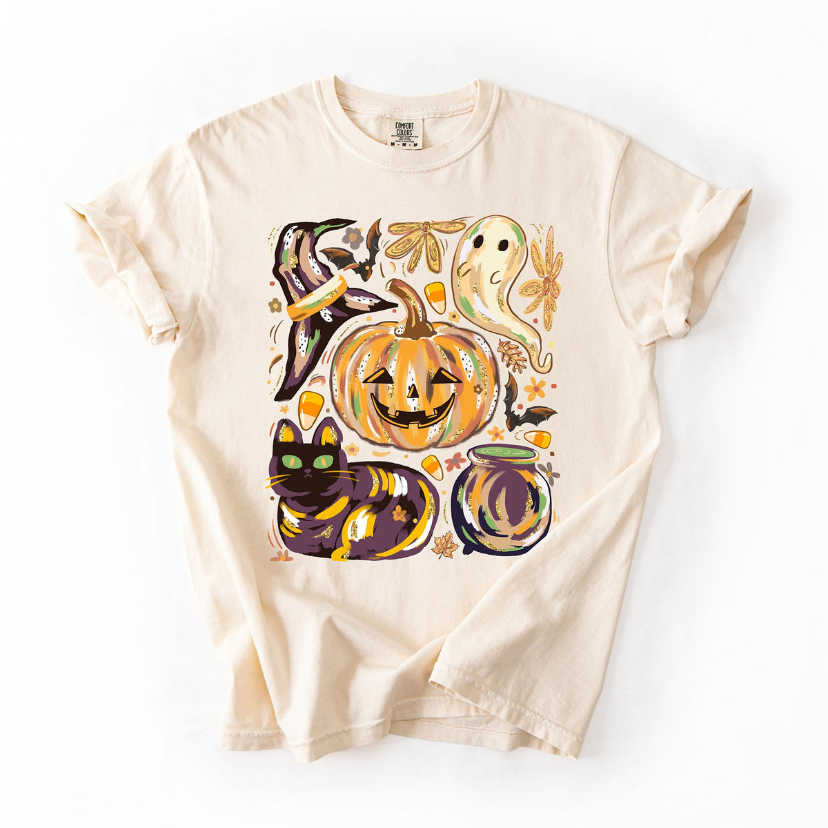 Cute Halloween Painted Pumpkin Black Cat Ghost Witch Festive Scene Comfort Colors Tee