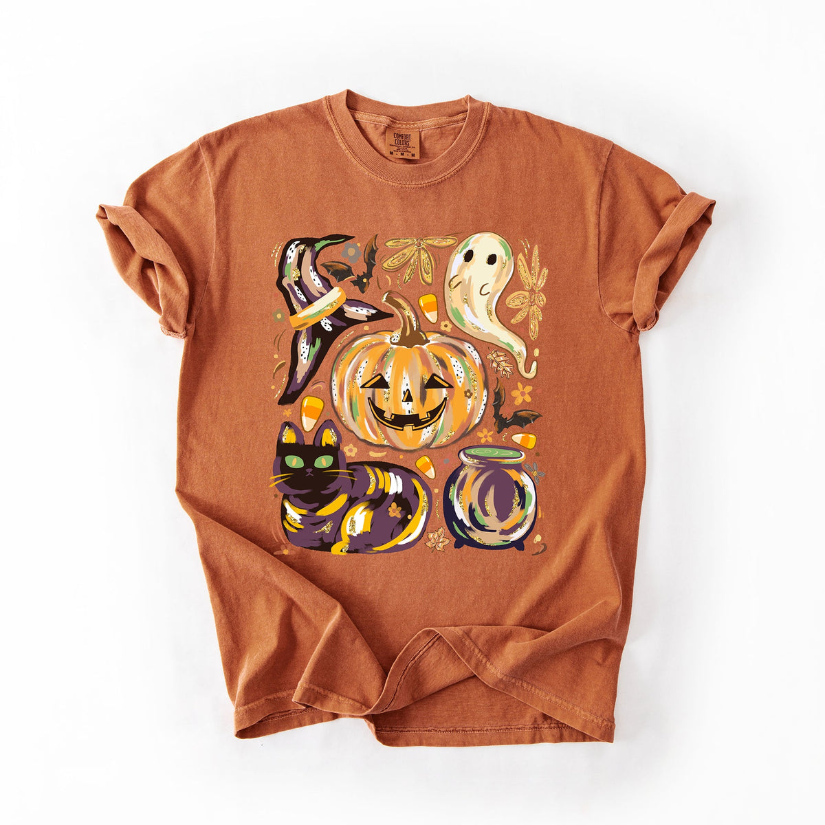 Cute Halloween Painted Pumpkin Black Cat Ghost Witch Festive Scene Comfort Colors Tee