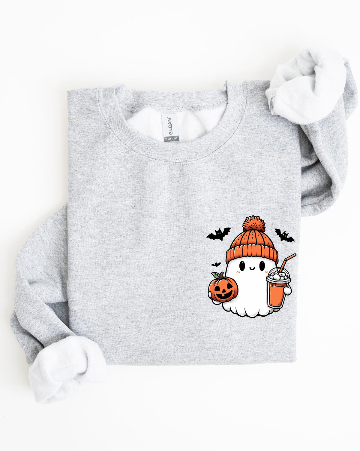 Cute Orange Ghost Pocket Print Halloween Coffee Bats Cozy Nights Adventure Cozy Autumn Spooky Mood Sweatshirt