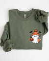 Cute Orange Ghost Pocket Print Halloween Coffee Bats Cozy Nights Adventure Cozy Autumn Spooky Mood Sweatshirt
