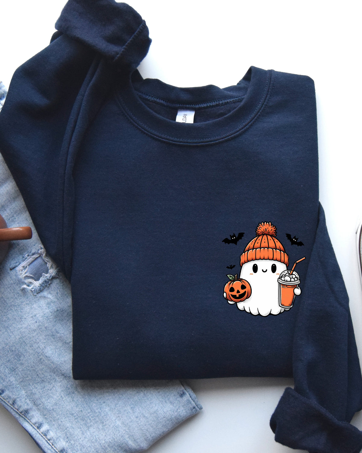 Cute Orange Ghost Pocket Print Halloween Coffee Bats Cozy Nights Adventure Cozy Autumn Spooky Mood Sweatshirt