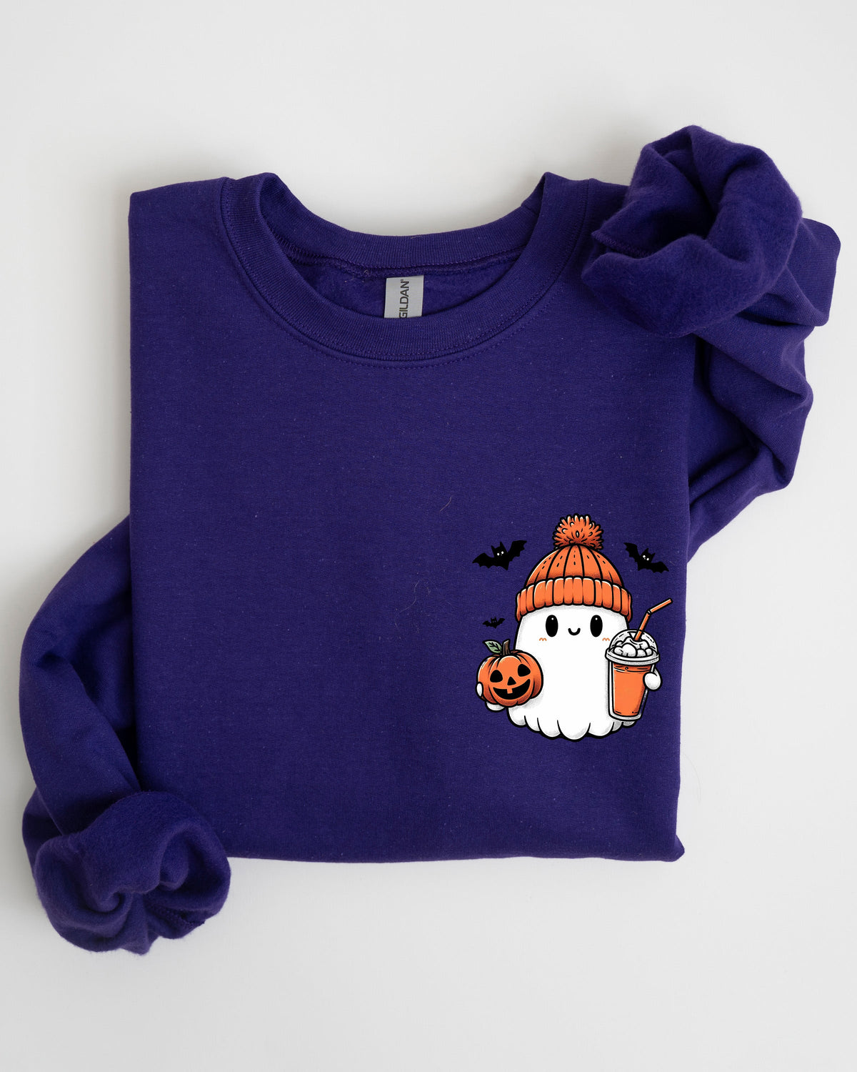 Cute Orange Ghost Pocket Print Halloween Coffee Bats Cozy Nights Adventure Cozy Autumn Spooky Mood Sweatshirt