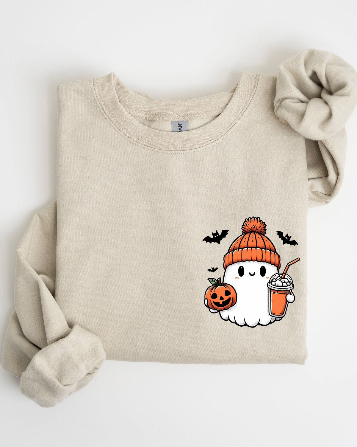 Cute Orange Ghost Pocket Print Halloween Coffee Bats Cozy Nights Adventure Cozy Autumn Spooky Mood Sweatshirt