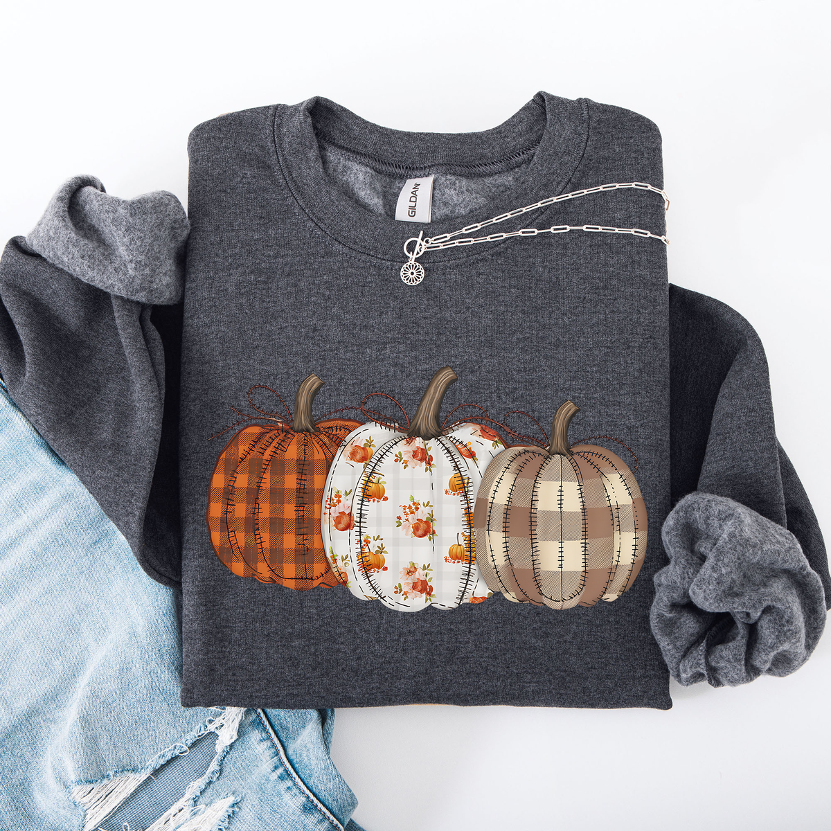 Cute Patterned Pumpkins Plaid Patchwork Print Halloween Autumn Season Edition Sweatshirt