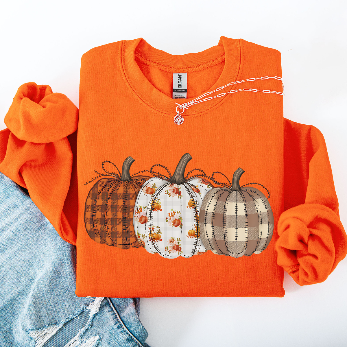 Cute Patterned Pumpkins Plaid Patchwork Print Halloween Autumn Season Edition Sweatshirt