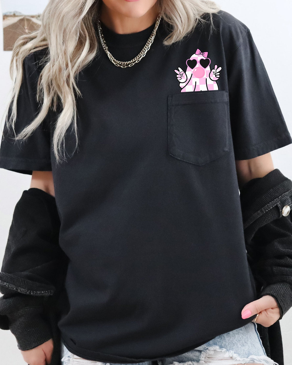 Cute Pink Bubblegum Ghost Pocket Halloween Peace Bow Ribbon Graphic Comfort Colors Tee