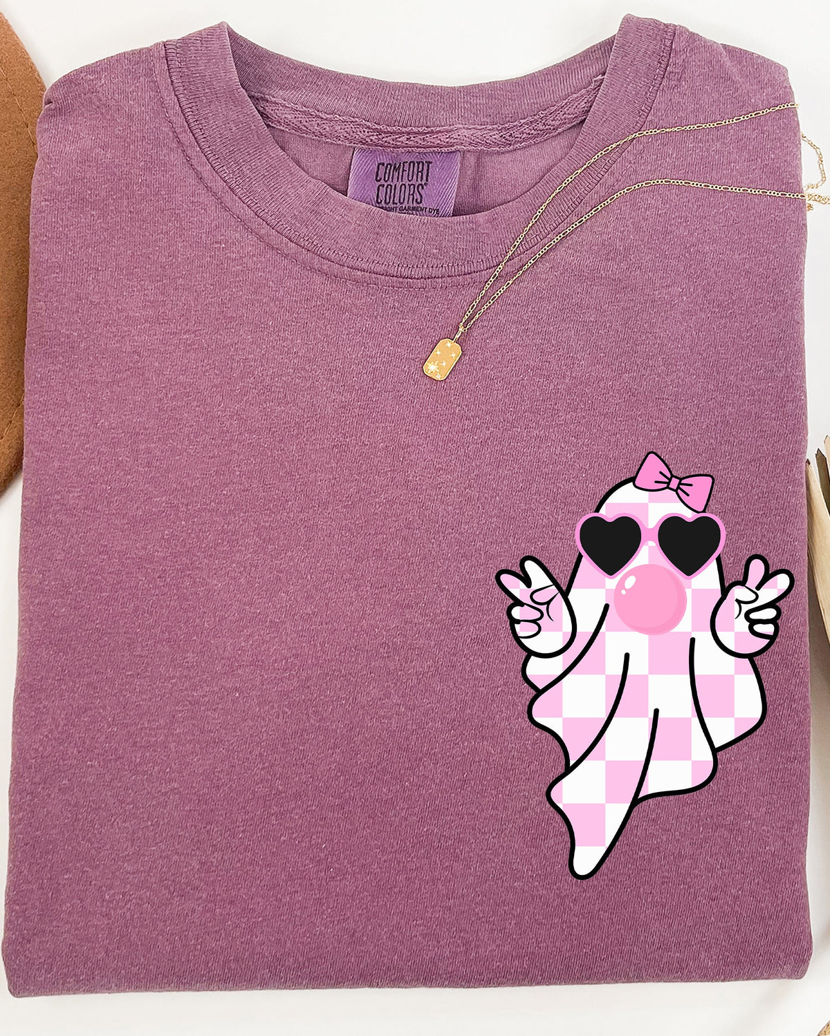 Cute Pink Bubblegum Ghost Pocket Print Halloween Peace Bow Ribbon Comfort Colors Tee