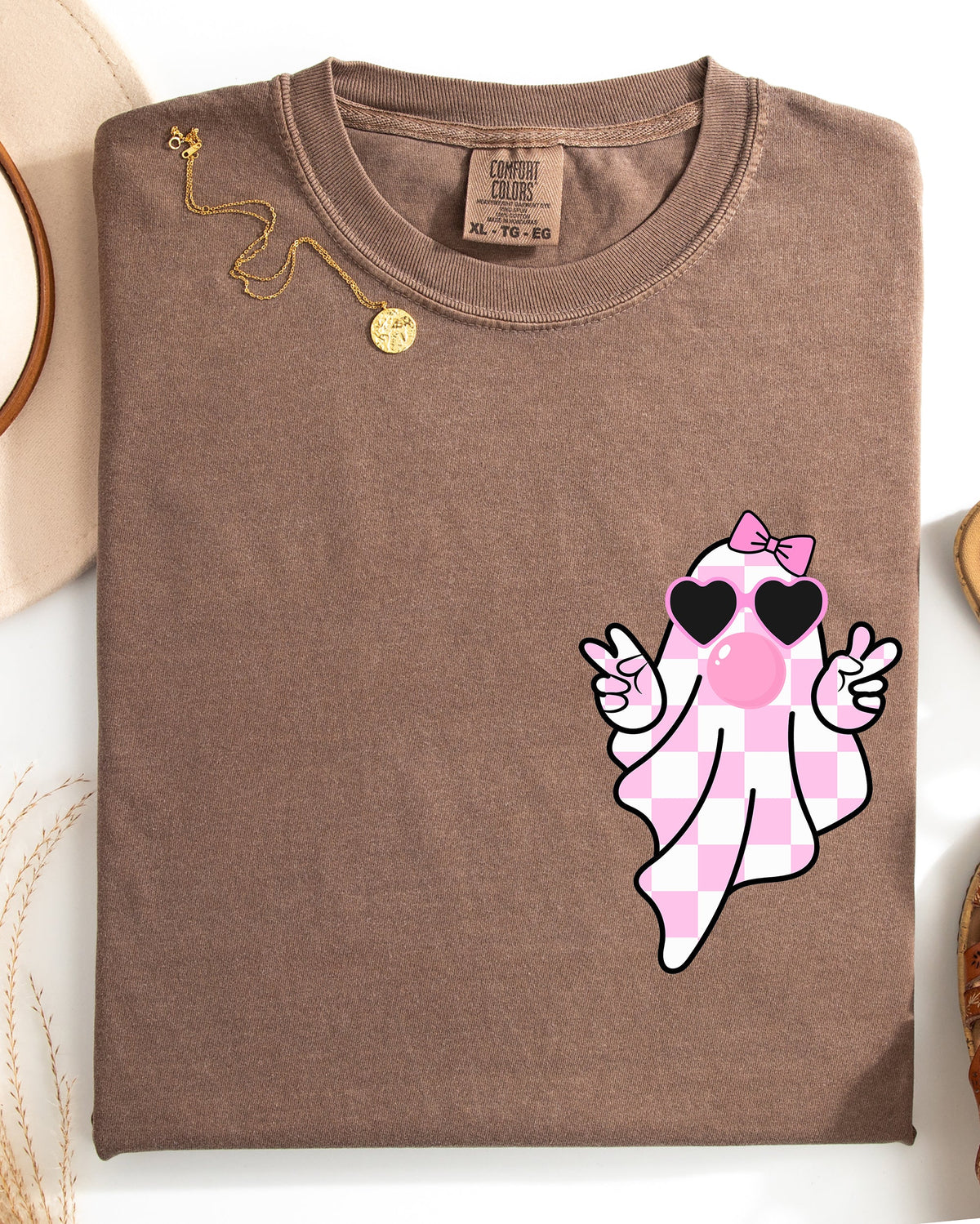 Cute Pink Bubblegum Ghost Pocket Print Halloween Peace Bow Ribbon Comfort Colors Tee