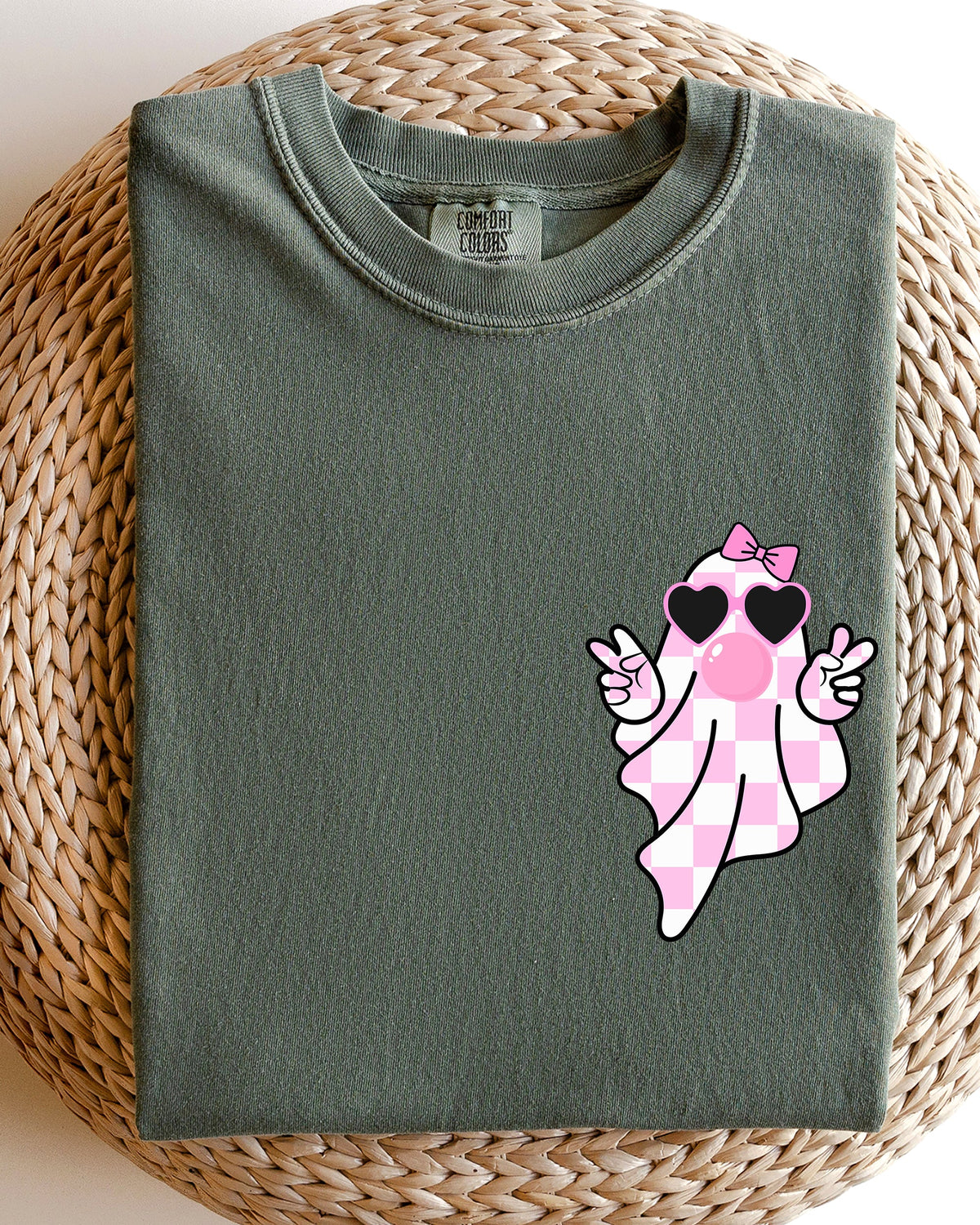 Cute Pink Bubblegum Ghost Pocket Print Halloween Peace Bow Ribbon Comfort Colors Tee