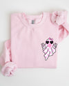 Cute Pink Bubblegum Ghost Pocket Print Halloween Peace Bow Ribbon Cozy Sweatshirt