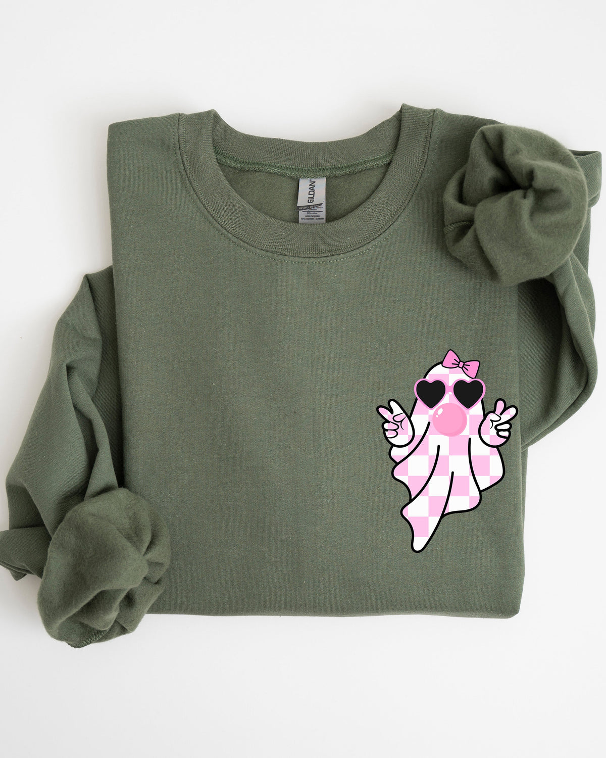 Cute Pink Bubblegum Ghost Pocket Print Halloween Peace Bow Ribbon Cozy Sweatshirt