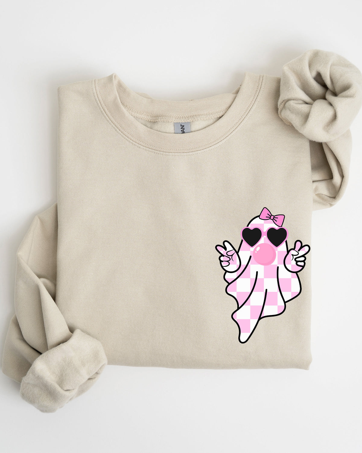 Cute Pink Bubblegum Ghost Pocket Print Halloween Peace Bow Ribbon Cozy Sweatshirt