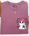 Cute Pink Ghost Pocket Print Halloween Coffee Bats Classic October Night Scene Comfort Colors Tee