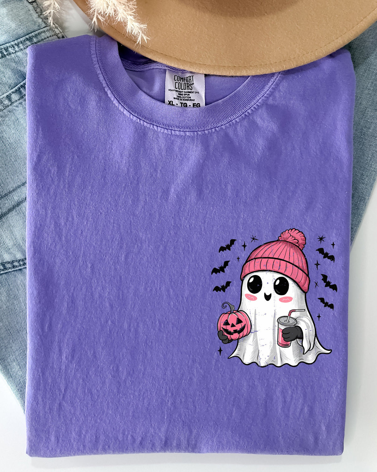 Cute Pink Ghost Pocket Print Halloween Coffee Bats Classic October Night Scene Comfort Colors Tee