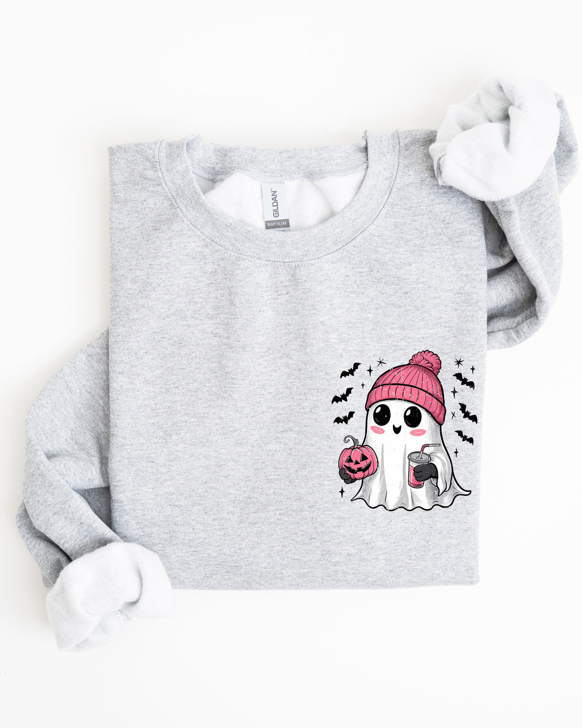 Cute Pink Ghost Pocket Print Halloween Coffee Bats Cozy Fall Seasonal Sweatshirt