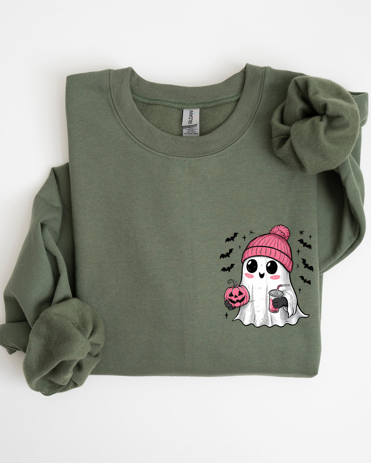 Cute Pink Ghost Pocket Print Halloween Coffee Bats Cozy Fall Seasonal Sweatshirt