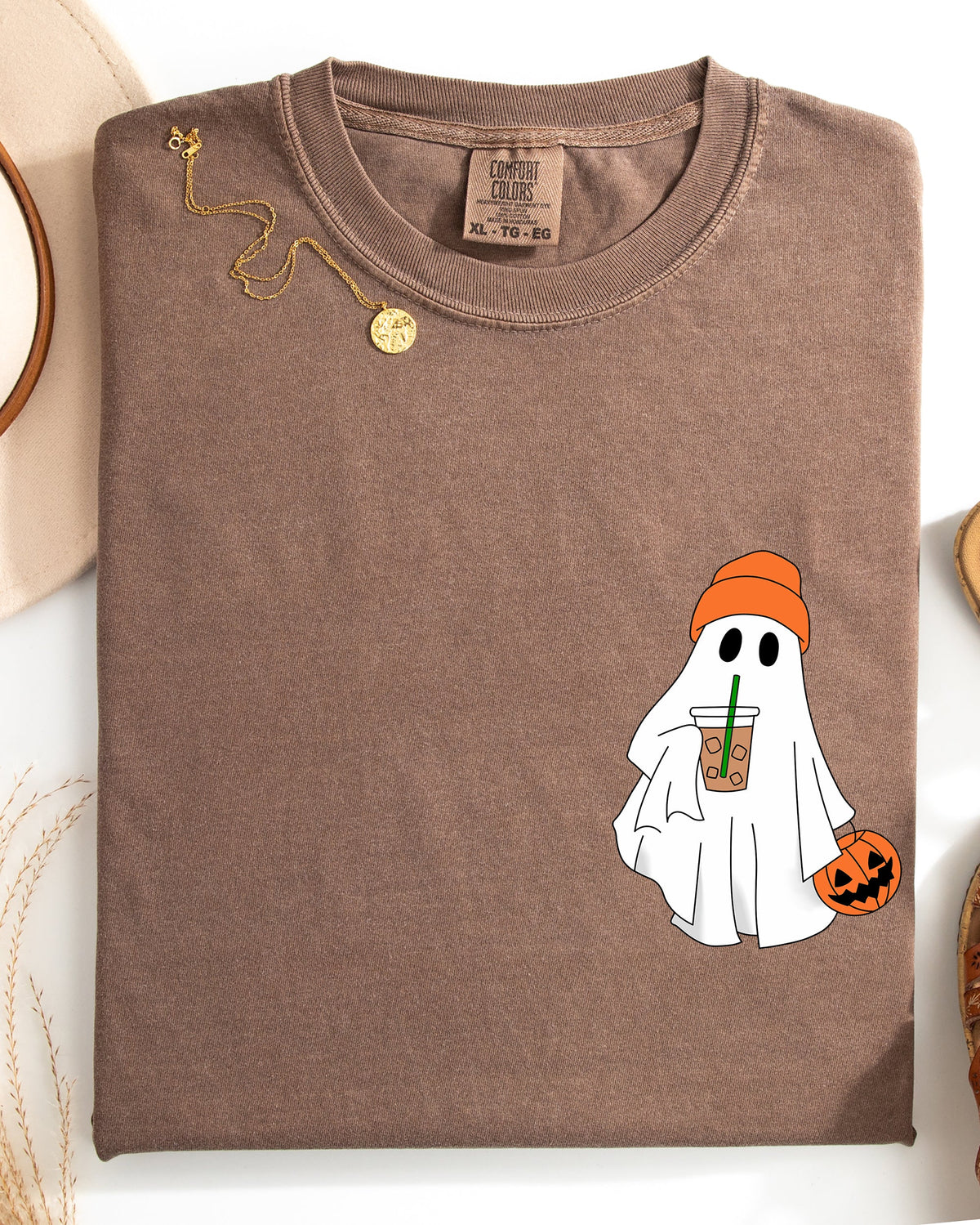 Cute Skater Ghost Pocket Print Halloween Trick Or Treat Coffee Lover Edition Comfort Colors Tee