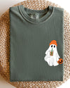 Cute Skater Ghost Pocket Print Halloween Trick Or Treat Coffee Lover Edition Comfort Colors Tee