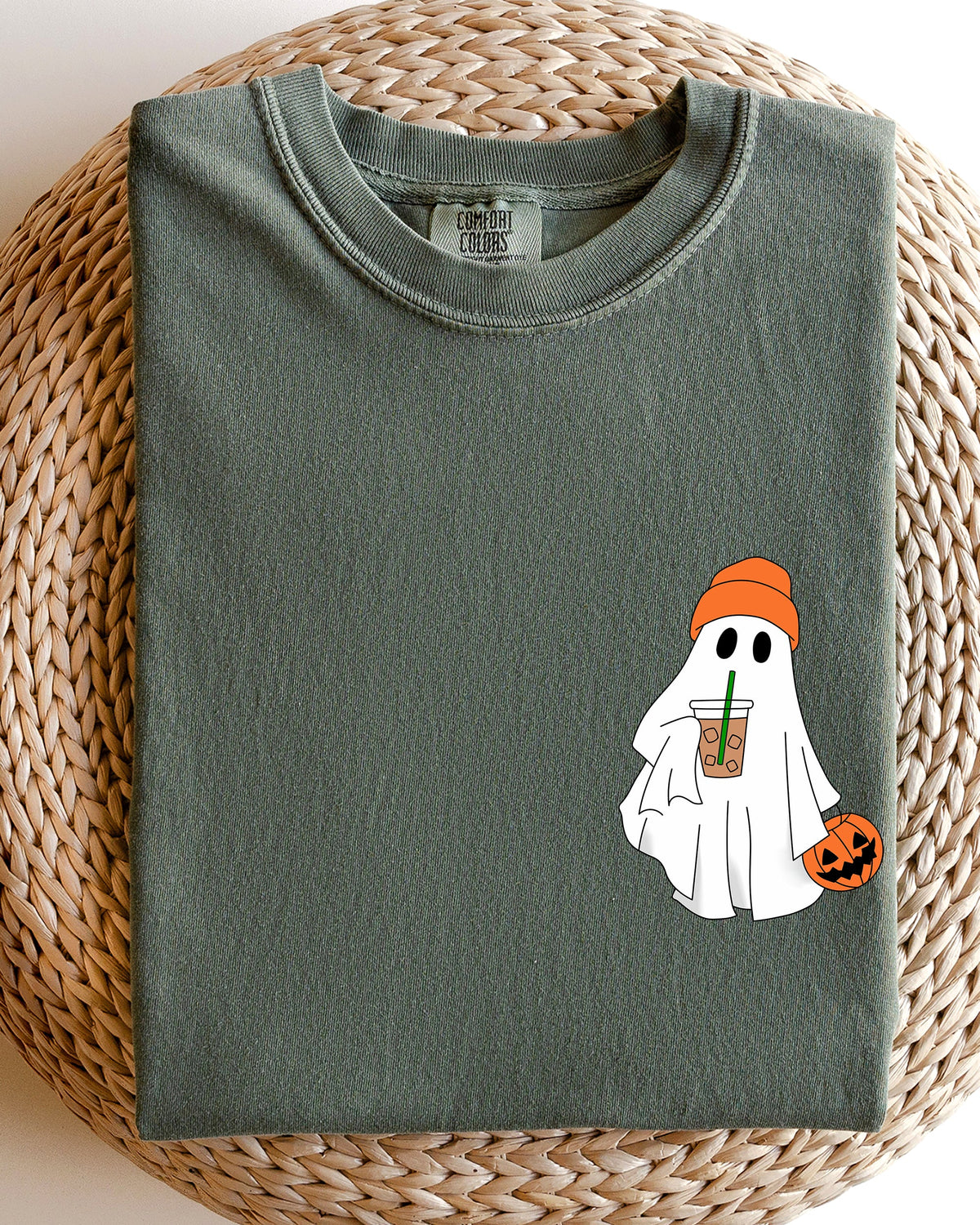 Cute Skater Ghost Pocket Print Halloween Trick Or Treat Coffee Lover Edition Comfort Colors Tee