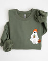 Cute Skater Ghost Pocket Print Halloween Coffee Trick Or Treat Cozy Graphic Sweatshirt