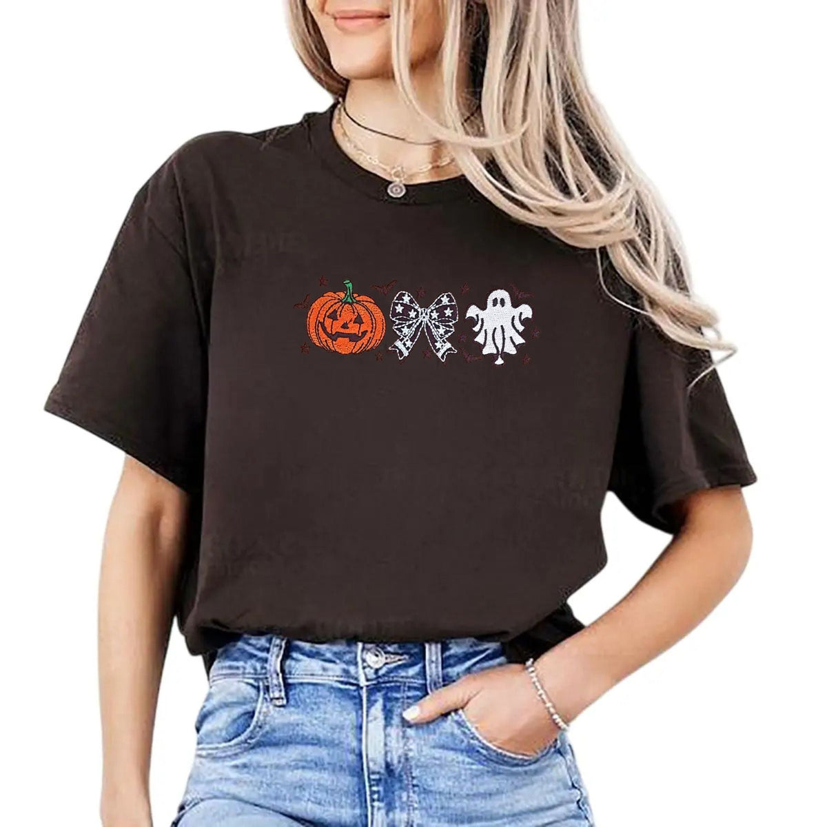 Cutesy Spooky Bows T-Shirt – Embroidered, Relaxed Fit Tee with Ghost & Spiderweb Design