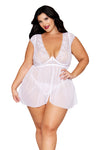 Plus Size White Lace and Mesh Cap Sleeve Babydoll