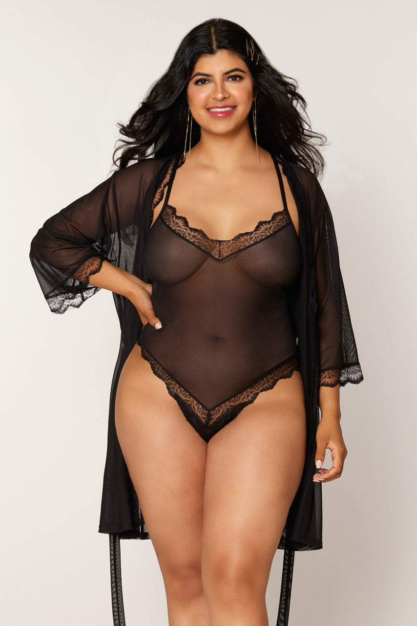 Plus Size High Hip Mesh Teddy and Robe