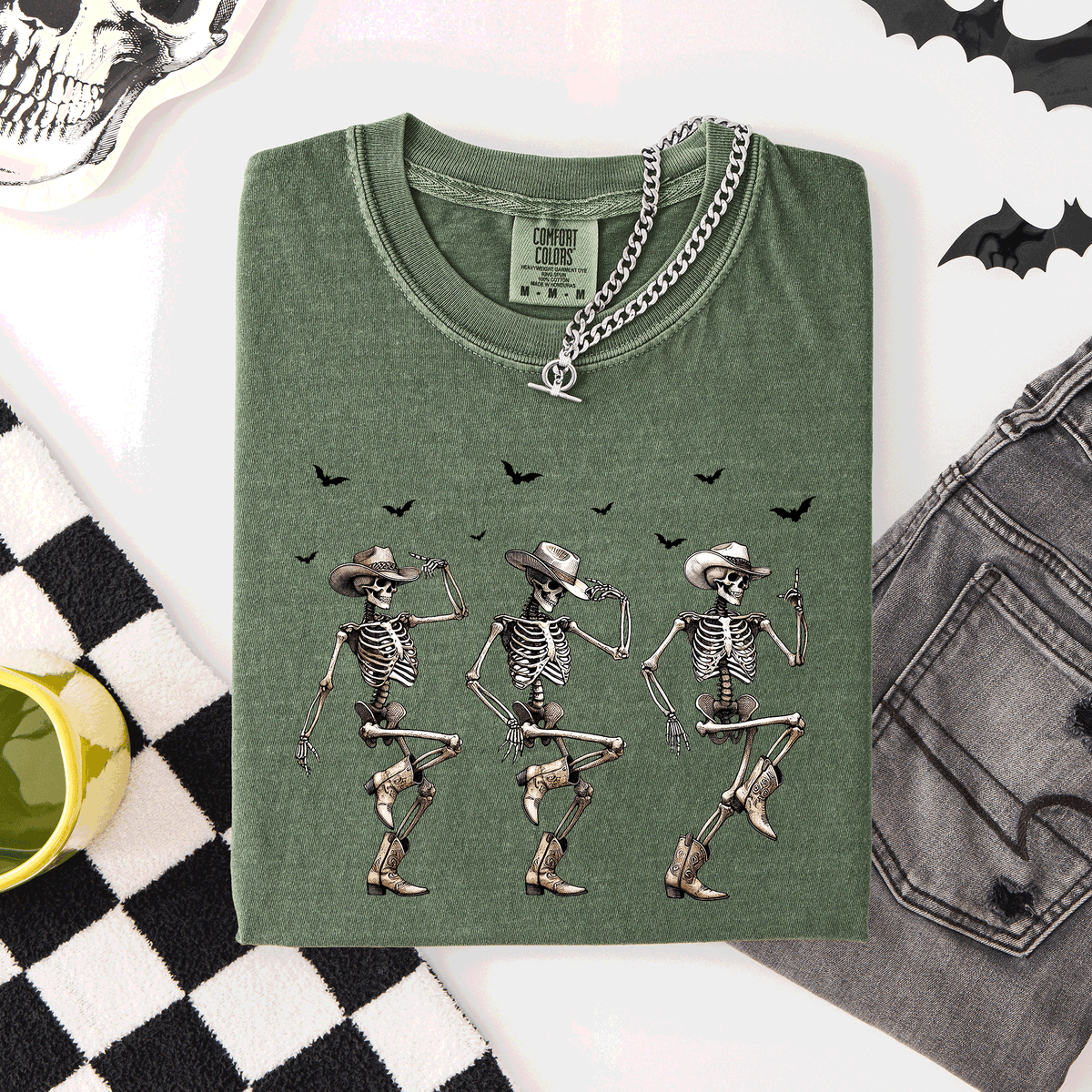 Dancing Cowboy Skeletons, Halloween Bats Limited Edition Artwork Comfort Colors Tee
