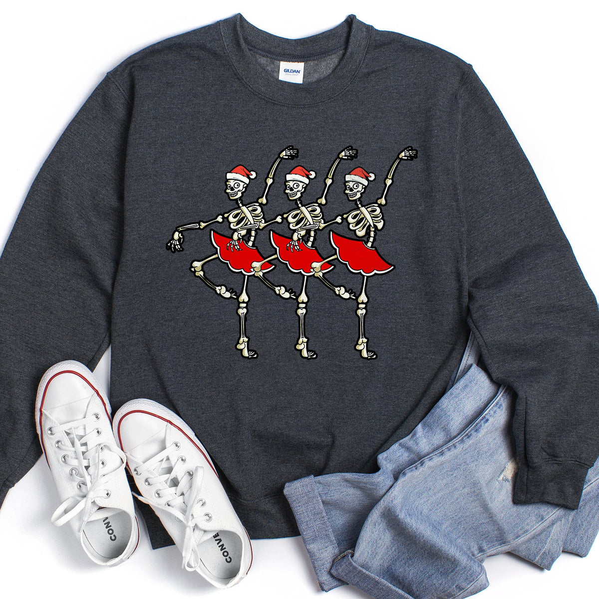 Dancing Skeleton Santa Girls Festive Holiday Parade Graphic Print Cozy Cotton Comfort Fit Sweatshirt