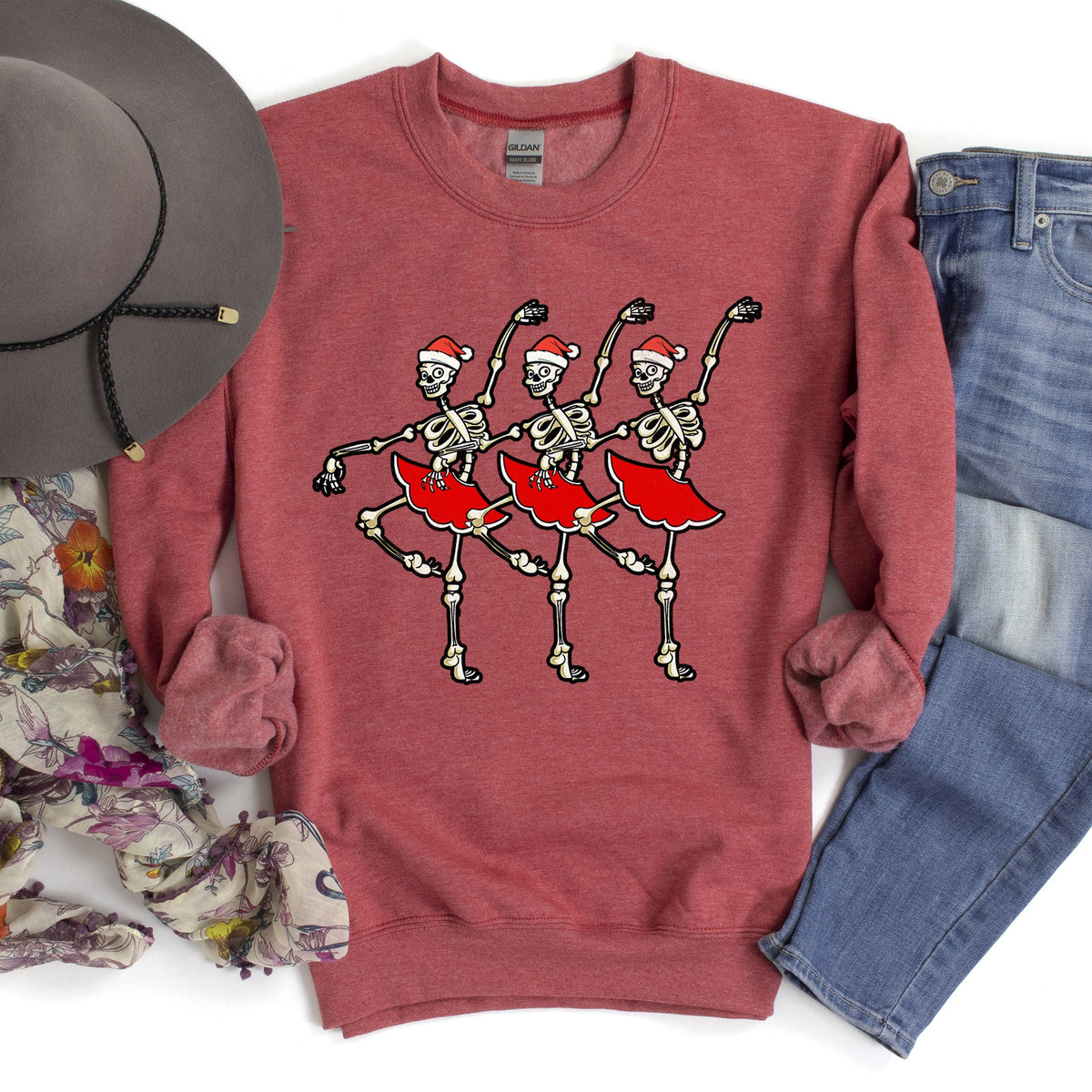 Dancing Skeleton Santa Girls Festive Holiday Parade Graphic Print Cozy Cotton Comfort Fit Sweatshirt