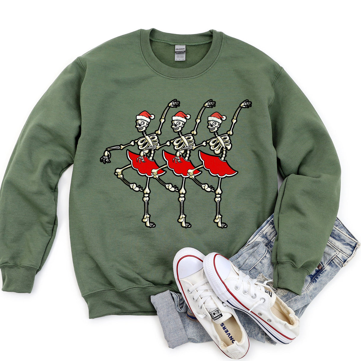Dancing Skeleton Santa Girls Festive Holiday Parade Graphic Print Cozy Cotton Comfort Fit Sweatshirt
