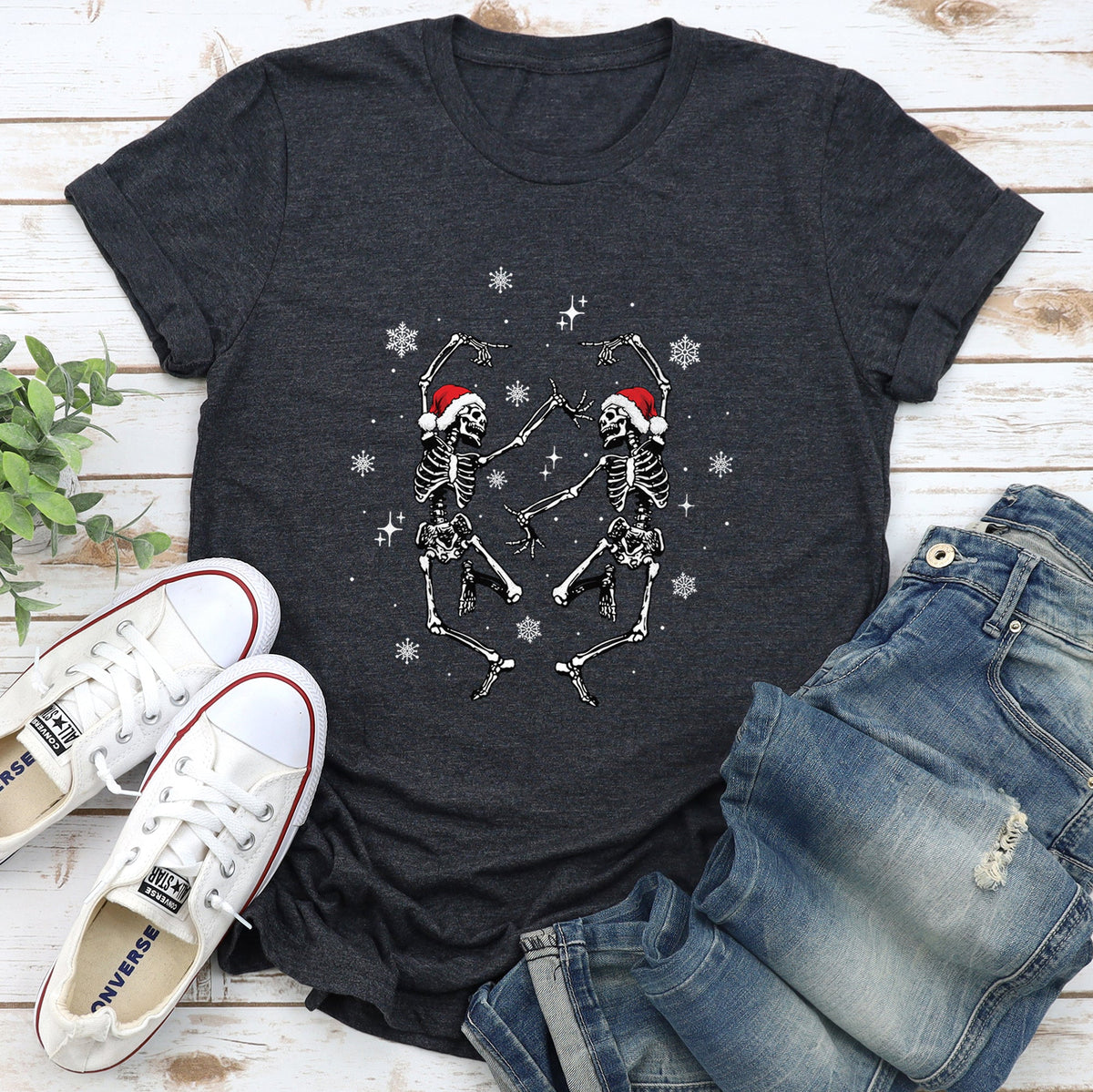 Dancing Skeletons Christmas Winter Snowflakes Snow Holiday Scene Limited Edition Graphic Tee