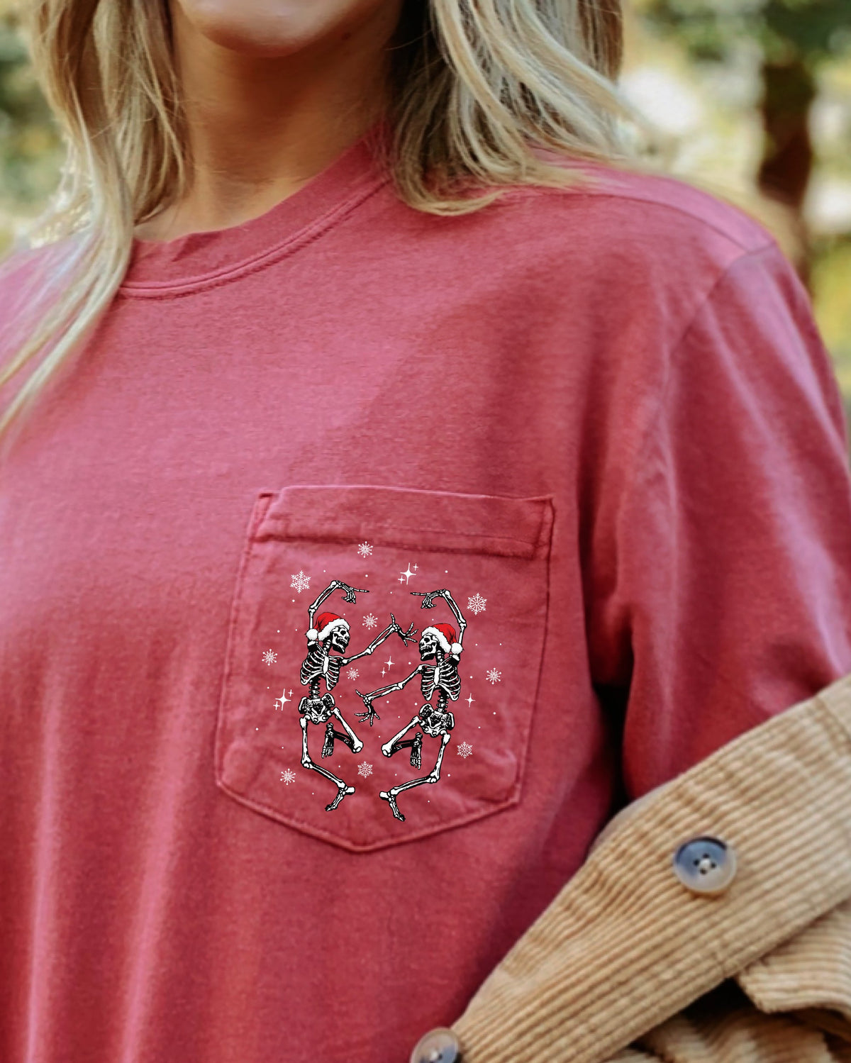 Dancing Skeletons Christmas Santa Snow Winter Xmas Pocket Design Comfort Colors Tee
