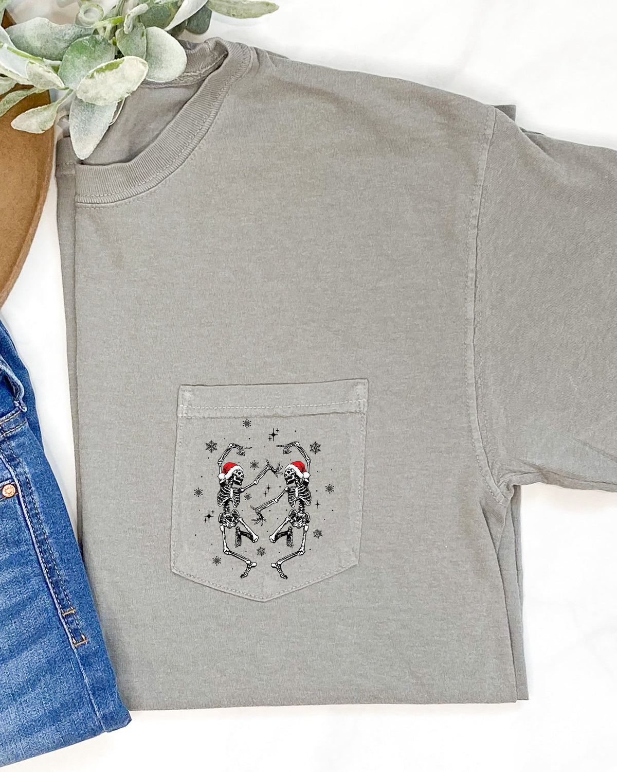 Dancing Skeletons Christmas Santa Snow Winter Xmas Pocket Design Comfort Colors Tee
