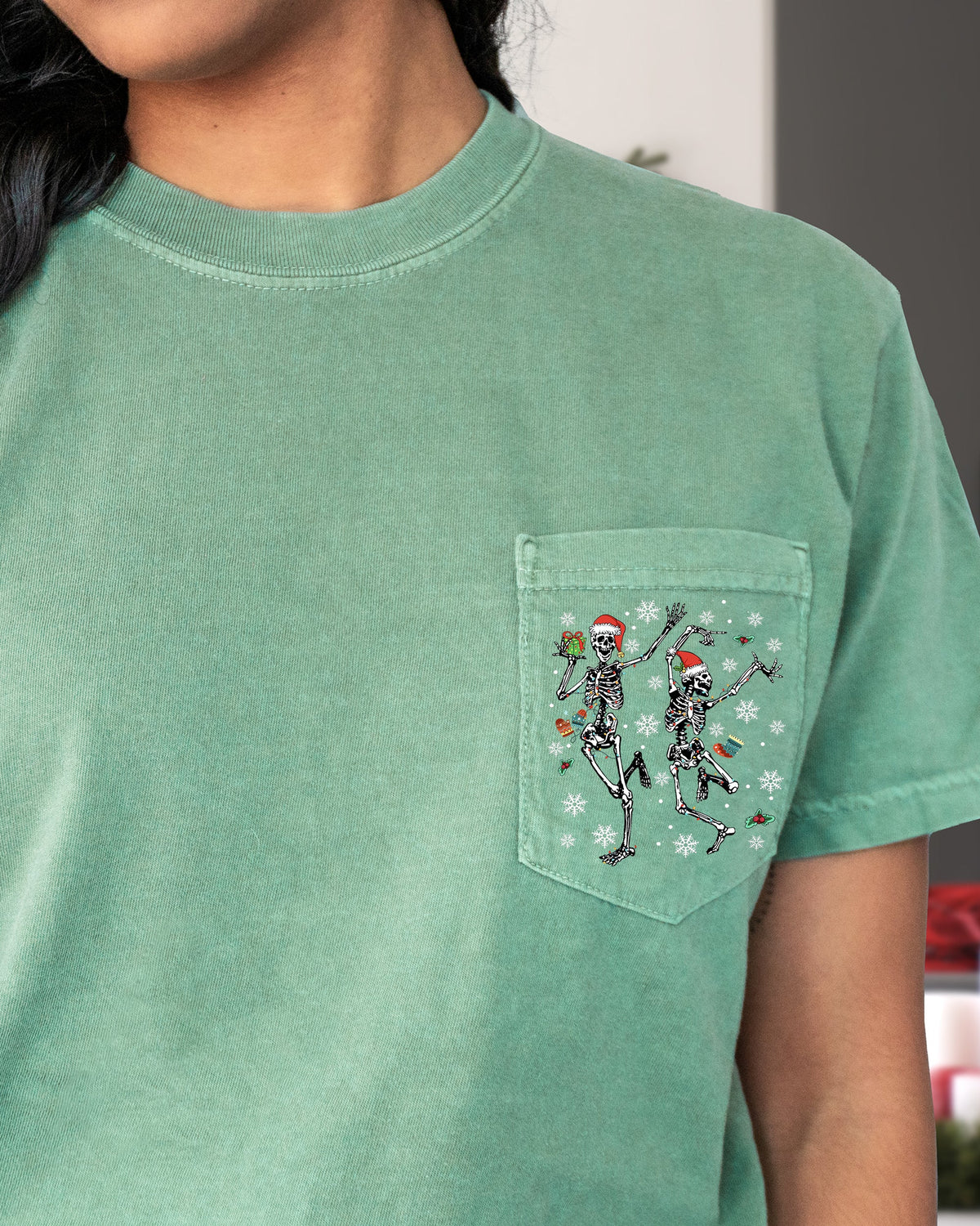 Dancing Skeletons Pocket Presents Snow Christmas Santa Winter Xmas Comfort Colors Tee