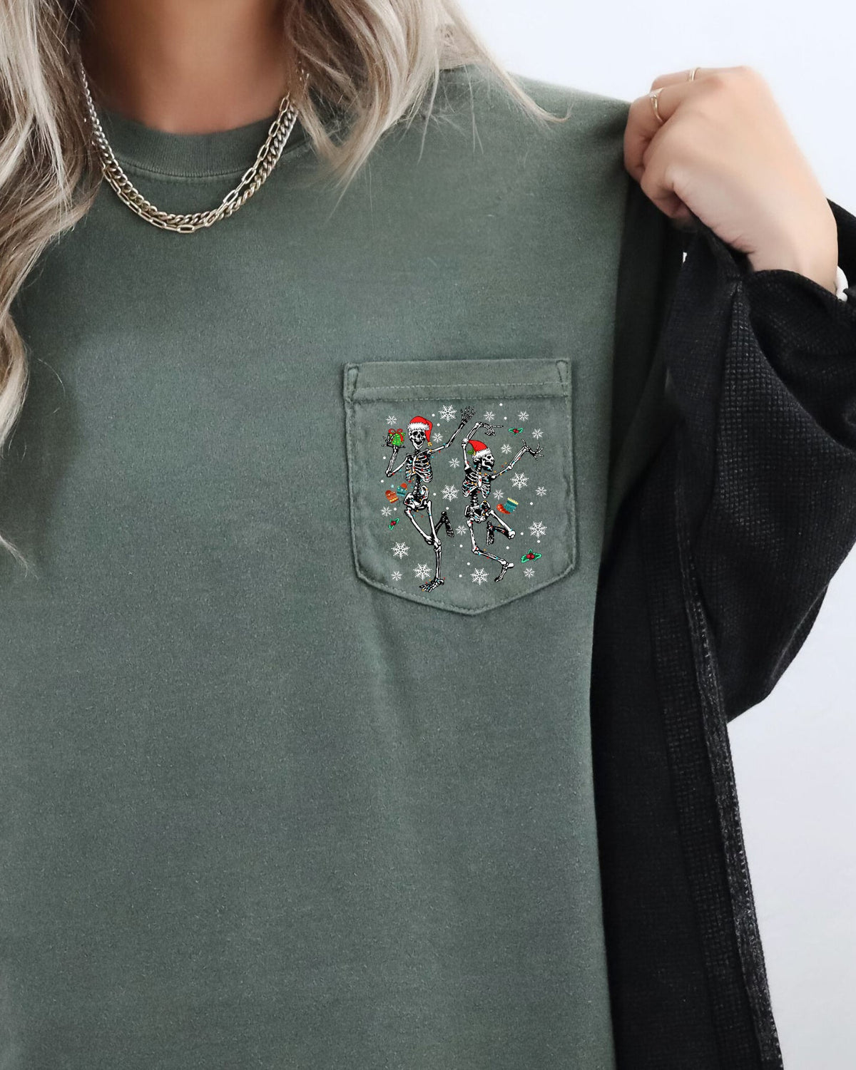 Dancing Skeletons Pocket Presents Snow Christmas Santa Winter Xmas Comfort Colors Tee