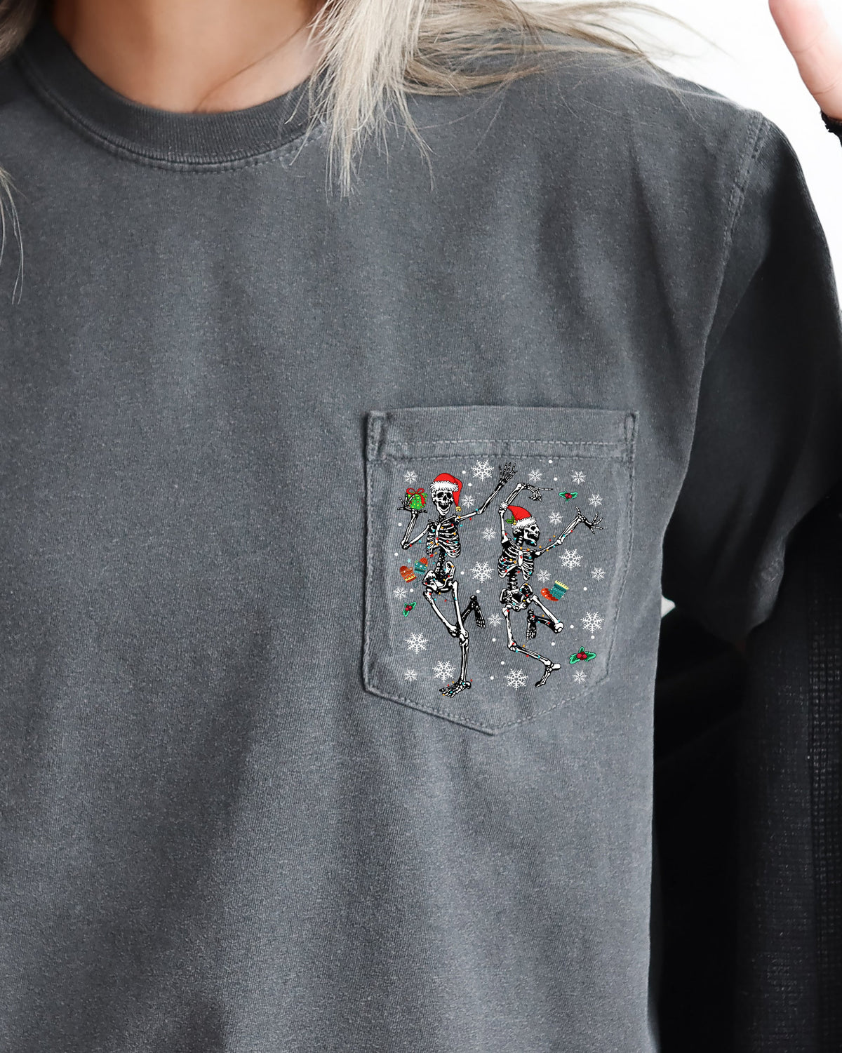 Dancing Skeletons Pocket Presents Snow Christmas Santa Winter Xmas Comfort Colors Tee