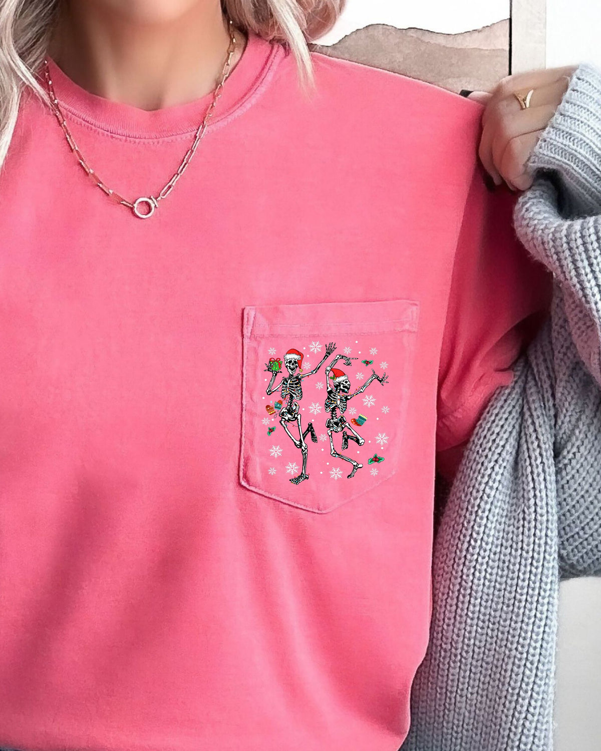 Dancing Skeletons Pocket Presents Snow Christmas Santa Winter Xmas Comfort Colors Tee