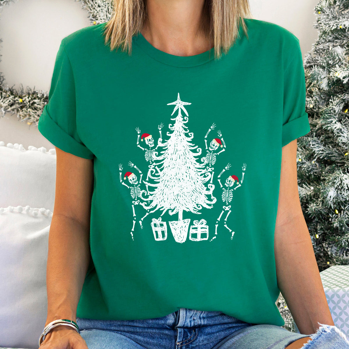 Dancing Skeletons Santa Hats Christmas Theme Graphic Tee With Festive Holiday Vibe