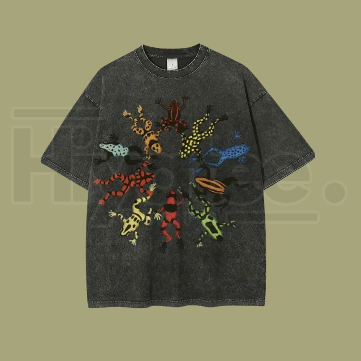 Dancing Frog Vintage Washed T-Shirt – Batik Cotton Oversized Funny Graphic Tee