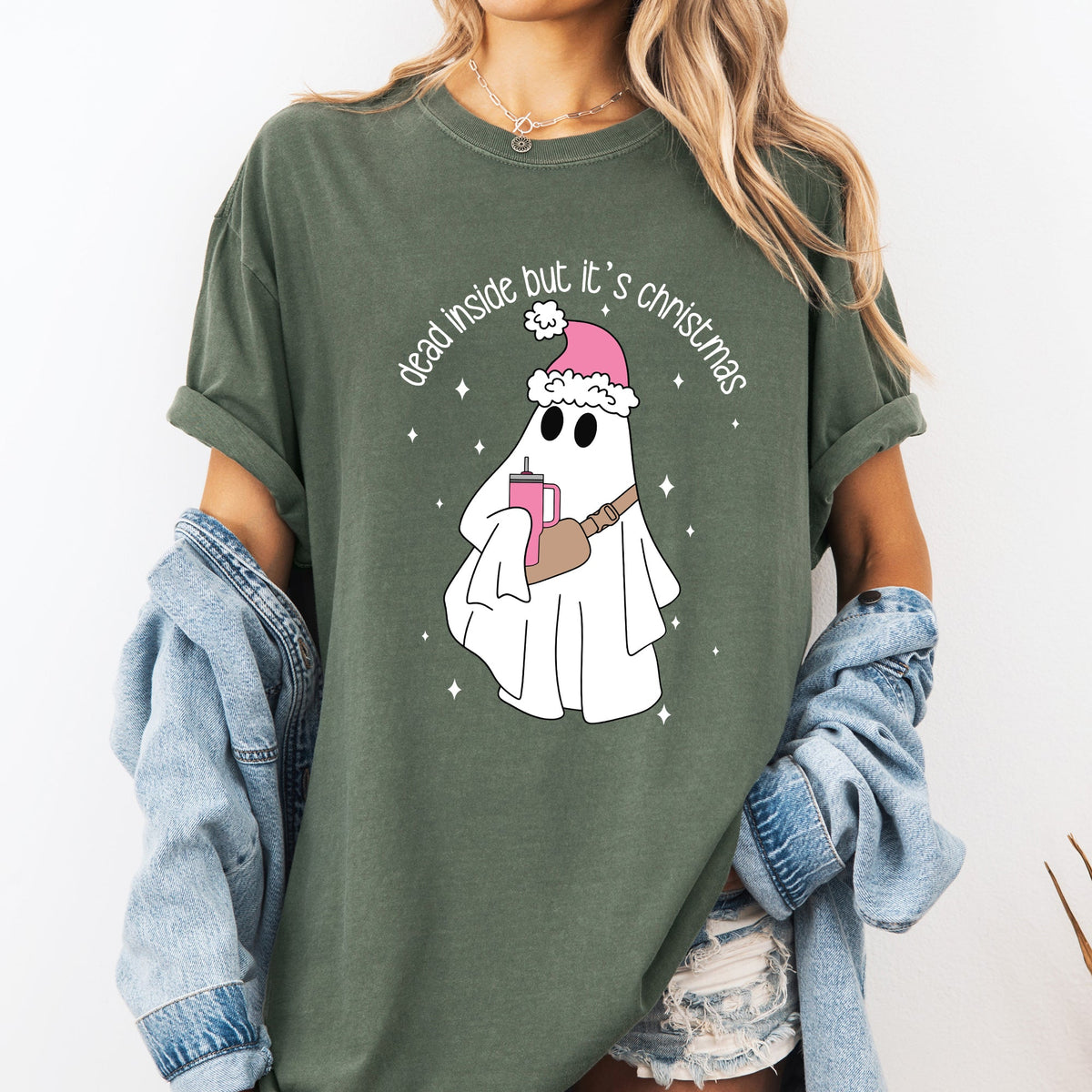 Dead Inside But It's Christmas Ghost Bougie Santa Xmas Graphic Quote Comfort Colors Tee