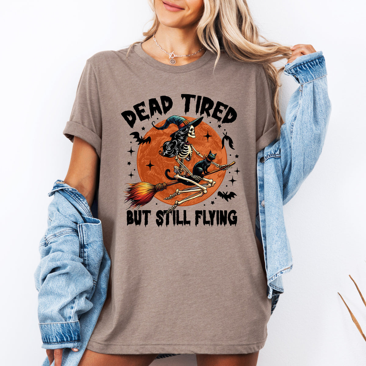 Dead Tired But Still Flying Halloween Witch Design With Spooky Spirit Theme Graphic Tee