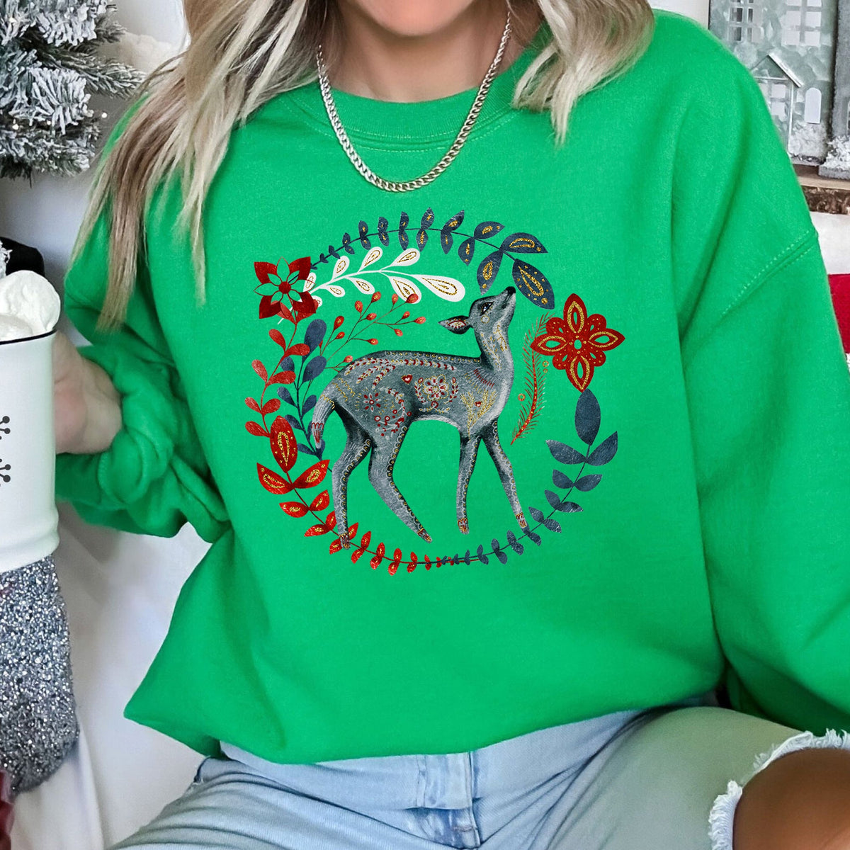Deer Folk Art Scandinavian Christmas Scene With Nordic Winter Motifs And Rustic Charm Sweatshirt