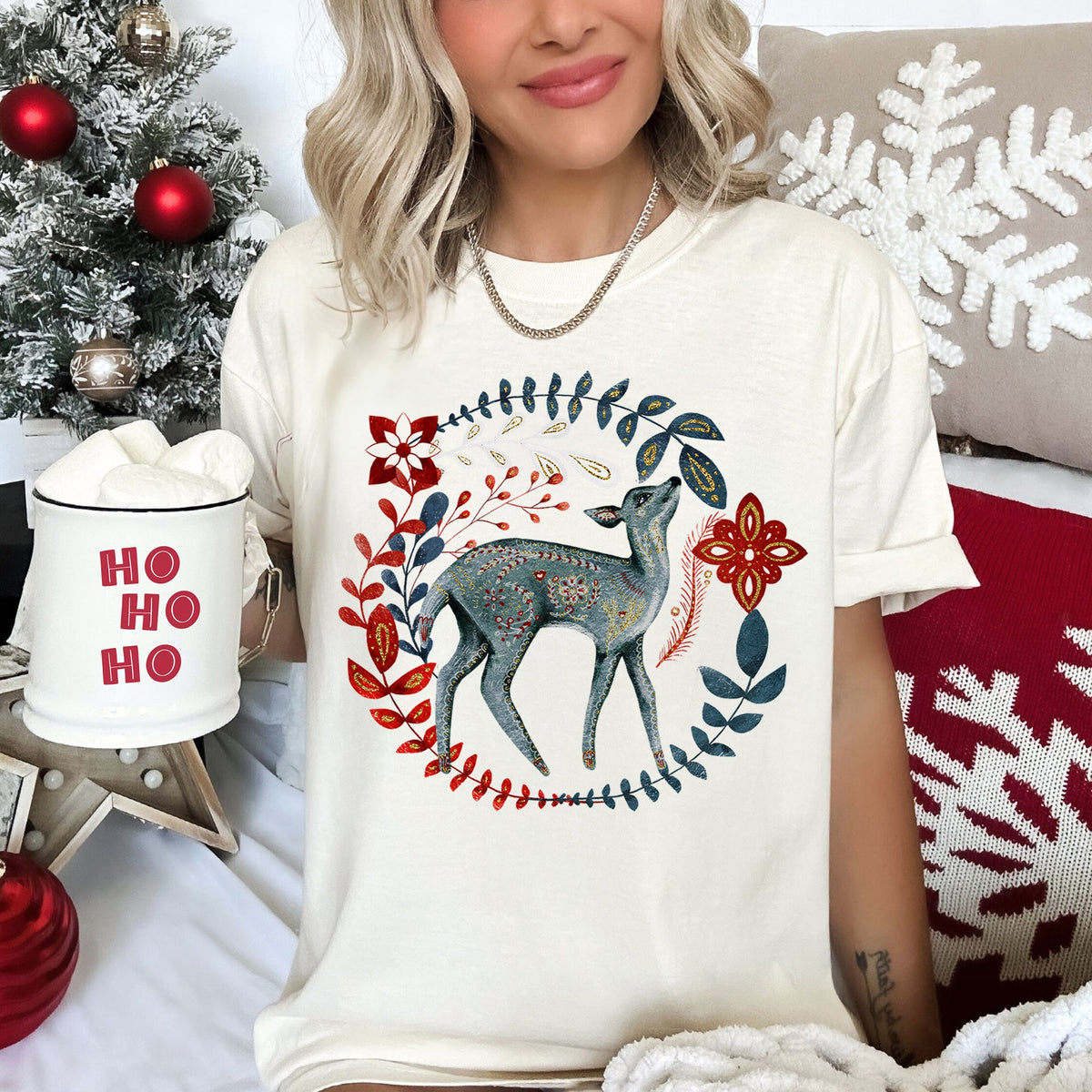 Deer Folk Art Scandinavian Winter Christmas Holiday Cozy Rustic Comfort Colors Tee
